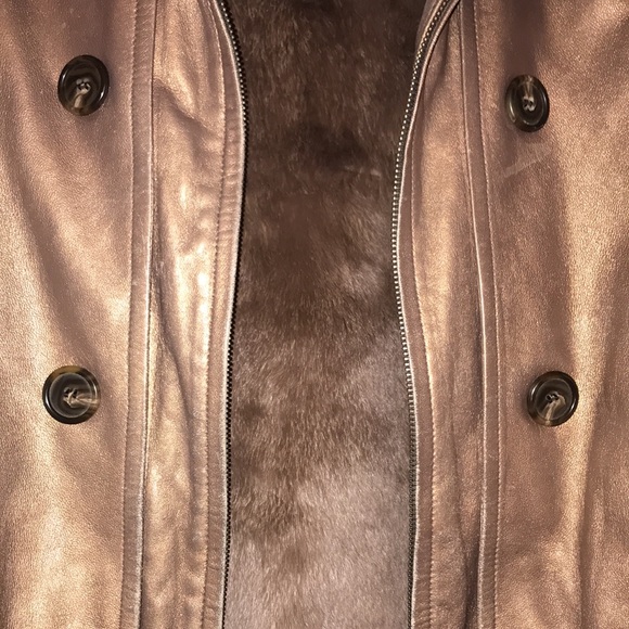 NINA RICCI leather coat with rabbit fur lining bronze metallic vintage RARE L/XL - Picture 4 of 17